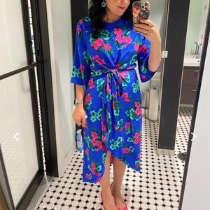 Essentiel Antwerp Women 100% Silk Blue Floral Vayen Draped Dress Crew Neck